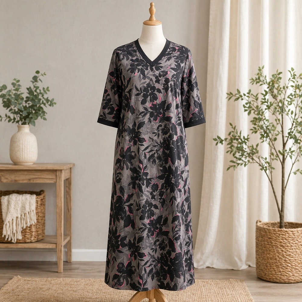 Stan Herman Loungewear Caftan Dress Grey Pink Floral V-Neck Knit Midi Small